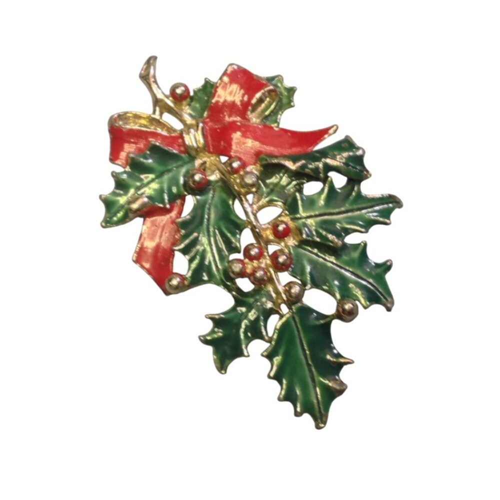 Gerry Jewelry Christmas Brooch Green Bough of Holly + Red Ribbon Bow